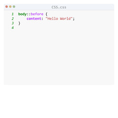 CSS language Hello World program sample in editor window