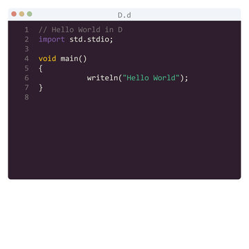 D language Hello World program sample in editor window