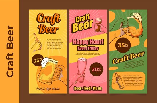 Set of engraved craft beer flyer vector illustration. Promo placard sale discount and place for text