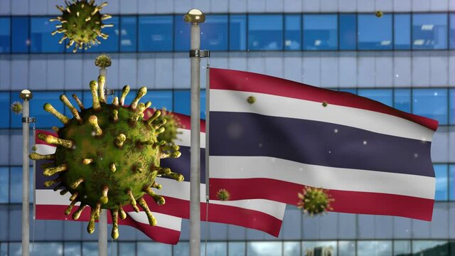 3D, Flu coronavirus floating over Thai flag with modern skyscraper city. Thailand banner waving with pandemic of Covid19 virus infection concept. Real fabric texture ensign-Dan