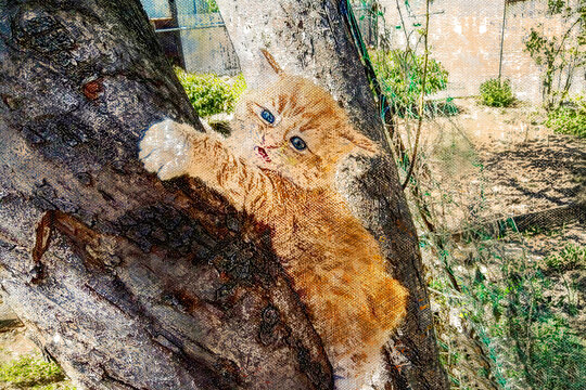 A funny ginger kitten hanging from a tree trunk. Striped pet with blue eyes. Digital watercolor painting.
