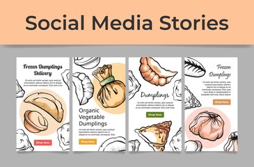 Obraz premium Set of engraved frozen dumplings delivery poster online ordering vector illustration