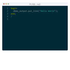 PLSQL language Hello World program sample in editor window