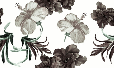White Watercolor Textile. Gray Flower Leaves. Black Seamless Leaf. Pattern Plant. Tropical Wallpaper. Isolated Illustration. Fashion Print. Botanical Illustration.