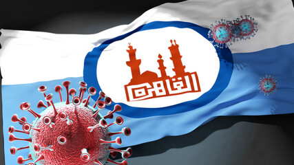 Covid in Cairo - coronavirus attacking a city flag of Cairo as a symbol of a fight and struggle with the virus pandemic in this city, 3d illustration