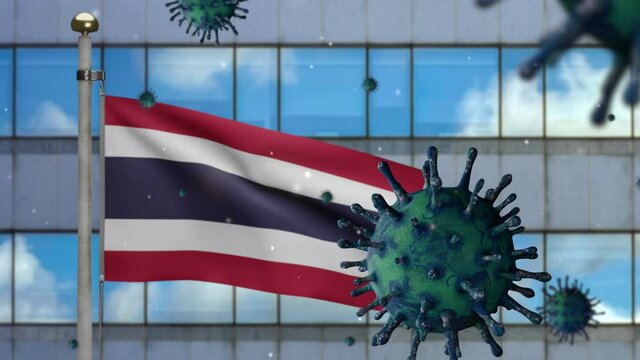 3D, Thai flag waving with modern skyscraper city and Coronavirus 2019 nCov concept. Asian outbreak in Thailand, coronaviruses influenza as dangerous flu strain cases as a pandemic. Virus Covid19-Dan