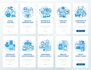 Consumerism blue onboarding mobile app page screen set. Excessive buying reasons walkthrough 5 steps graphic instructions with concepts. UI, UX, GUI vector template with linear color illustrations
