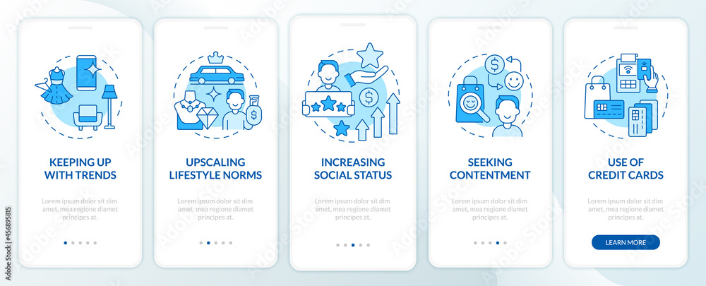 Wall mural consumerism motivation blue onboarding mobile app page screen. buying contentment walkthrough 5 step