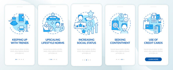 Fototapeta na wymiar Consumerism motivation blue onboarding mobile app page screen. Buying contentment walkthrough 5 steps graphic instructions with concepts. UI, UX, GUI vector template with linear color illustrations