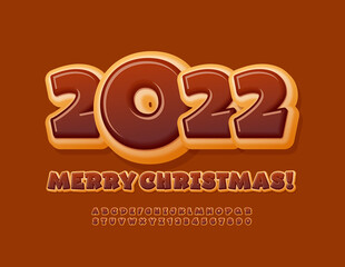Vector sweet Greeting Card Happy New Year 2022! Playful style Chocolate Donut Font. Tasty Alphabet Letters and Numbers set
