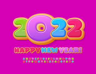 Vector tasty Greeting Card Happy New Year 2022! Colorful glazed Font. Sweet Alphabet Letters and Numbers set for Kids