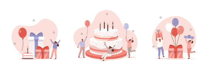 Birthday celebration scenes. People celebrating near birthday cake, holding balloons, preparing gift boxes. Happy birthday concept. Flat cartoon vector illustration and icons set isolated.