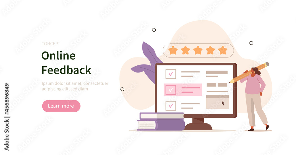 Poster online survey and rating scene. character answer questions and filling survey form. user experiences