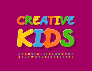 Vector colorful emblem Creative Kids. Handwritten Alphabet Letters and Numbers. Artistic bright Font