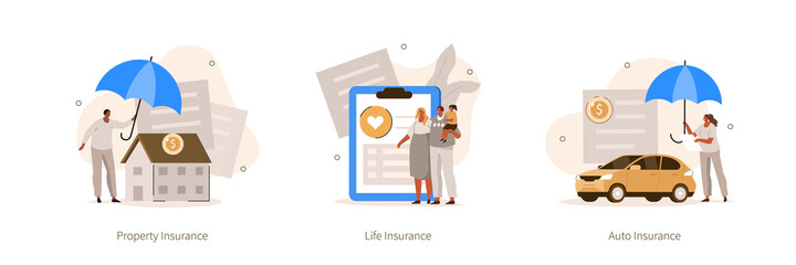 Insurance agents presenting auto, life and property insurance policies. Characters covering car and house with umbrella. Flat cartoon vector illustration and icons set isolated. 