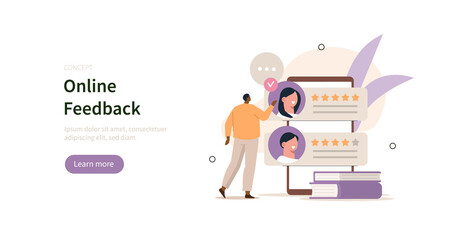 Online survey and rating scene. Character giving five star feedback. User experiences concept. Flat cartoon vector illustration isolated.
