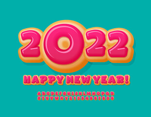 Vector sweet Greeting Card Happy New Year 2022! Tasty Donut Font. Pink icing funny Alphabet Letters and Numbers set