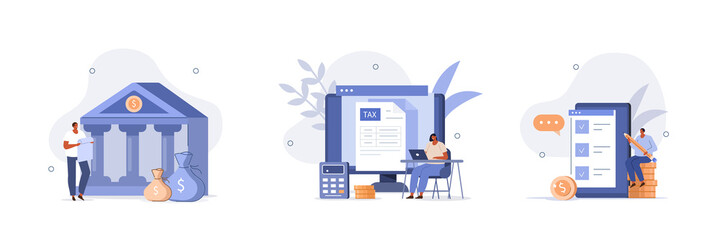 Various finance scenes. Characters calculating and filling tax from, analyzing public finance, putting check mark on checklist. Financial audit concept. Flat cartoon vector illustration and icons set.