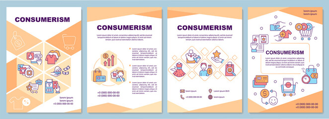 Fototapeta na wymiar Consumerism brochure template. Excessive purchasing. Flyer, booklet, leaflet print, cover design with linear icons. Vector layouts for presentation, annual reports, advertisement pages
