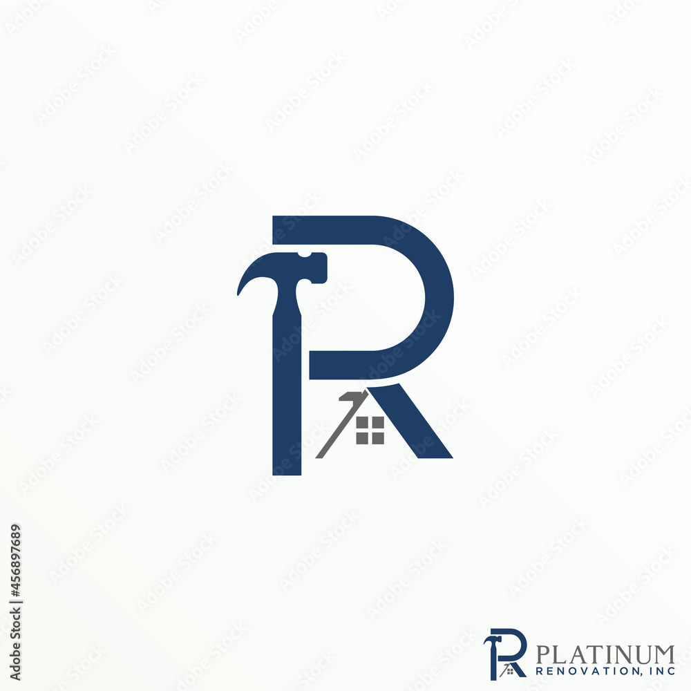 Poster simple letter or word r sans serif font with roof and hammer image graphic icon logo design abstract