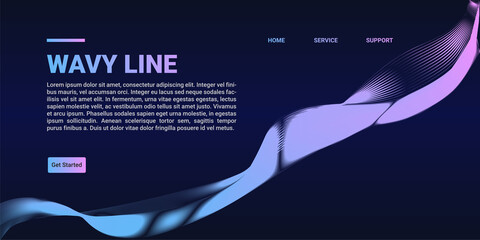 Abstract wave lines dynamic flowing colorful landing page on blue gradient background. Vector illustration design element in concept of music, party, technology, modern.
