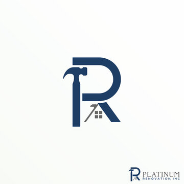 Simple letter or word R sans serif font with roof and hammer image graphic icon logo design abstract concept vector stock. Can be used as a symbol of renovation or initial.