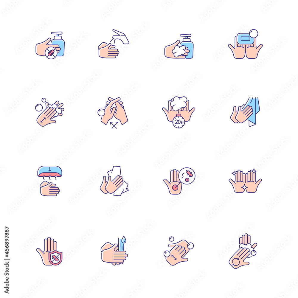 Aufkleber keeping hands clean rgb color icons set. washing with soap and water. remove pathogenic microorganis