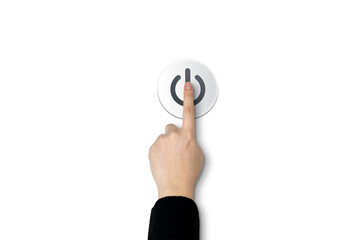 Human hand presses shutdown, power off, or open button icon on white background. concept of...