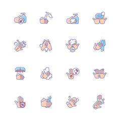 Keeping hands clean RGB color icons set. Washing with soap and water. Remove pathogenic microorganisms. Personal hygiene routine. Isolated vector illustrations. Simple filled line drawings collection