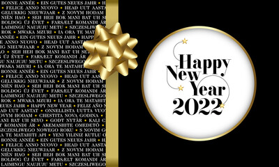2022 - Carte or et noire, décorée comme un cadeau pour souhaiter la bonne année en plusieurs langues,  - traduction texte : bonne année.