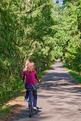 Obraz premium Girl on a bicycle rides through a sunny summer park. Rear view.
