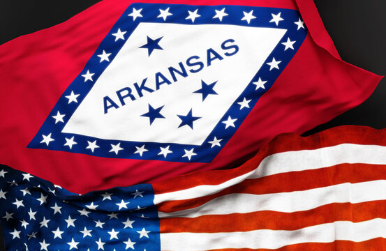 Flag of Arkansas along with a flag of the United States of America as a symbol of unity between them, 3d illustration