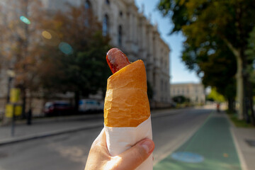 An Austrian hot dog, Grill sausage into a piece of hollowed-out baguette bread, Street food with...