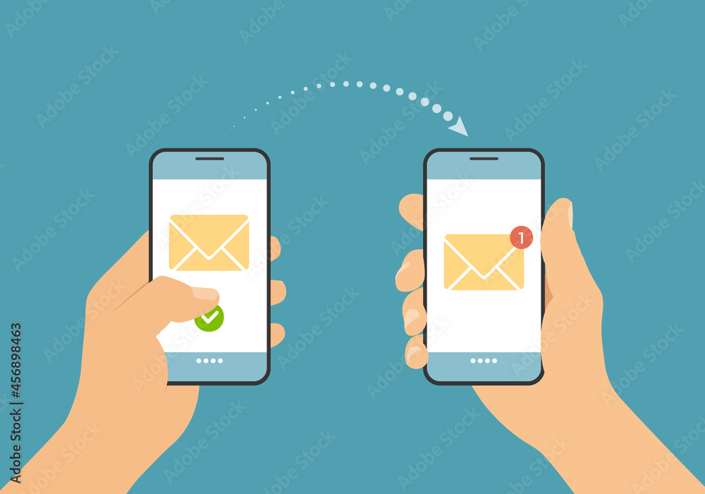 Poster flat design illustration of a hand holding a smartphone and sending a text message or email. notific