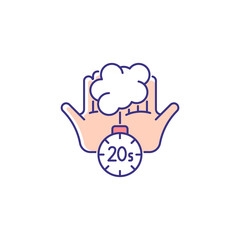 Scrub hands for twenty seconds RGB color icon. Clearing out germs. Rubbing hands under warm running water. Soap molecules destroying viruses. Isolated vector illustration. Simple filled line drawing