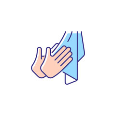 Dry hands with towel RGB color icon. Effective bacteria removing. Using paper and textile towels. Reducing covid transmission. Hand hygiene. Isolated vector illustration. Simple filled line drawing