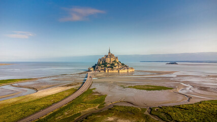 aerial view of Mont Saint Michel from drone view, located in Normandy, France