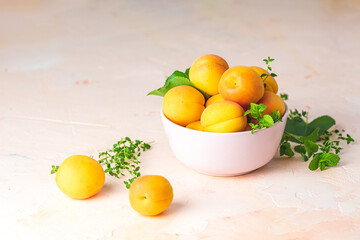 Fresh sweet yellow orange apricots in pink bowl on the pink concrete surface table