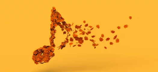 Zelfklevend Fotobehang Musical note decomposing into autumn leaves. Copy space. 3D illustration. © Rodrigo