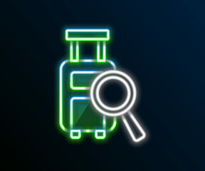 Glowing neon line Airline service of finding lost baggage icon isolated on black background. Search luggage. Colorful outline concept. Vector