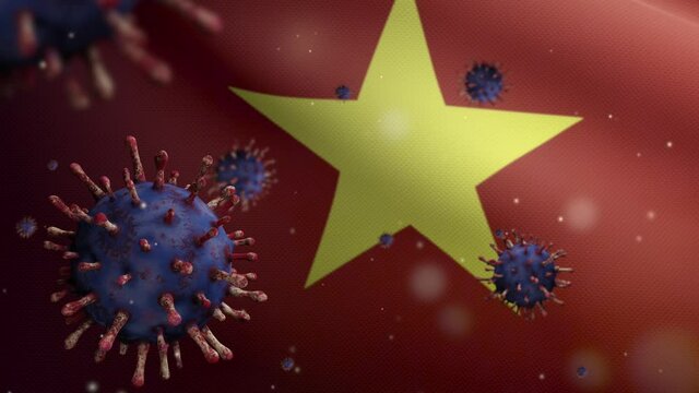 3D, Vietnamese flag waving with coronavirus outbreak infecting respiratory system as dangerous flu. Influenza type Covid 19 virus with national Vietnam banner blowing background. Pandemic concept-Dan