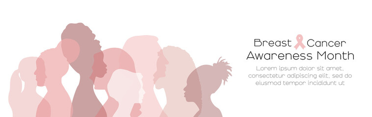 Breast cancer awareness month concept. Card with place for text. Women of different ethnicities stand side by side together. Flat vector illustration.