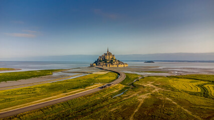 aerial view of Mont Saint Michel from drone view, located in Normandy, France