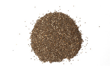 Chia seeds scattered in a pile on a white background.