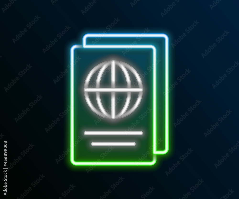 Poster glowing neon line passport with biometric data icon isolated on black background. identification doc