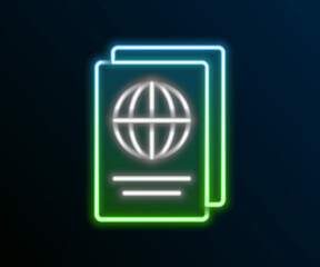 Glowing neon line Passport with biometric data icon isolated on black background. Identification document. Colorful outline concept. Vector