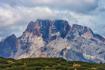Naklejka premium Mountain Peak of Croda Rossa D'Ampezzo or Hohe Gaisl (3146 m.) seen from the Drei Zinnen or Tre Cime di Lavaredo, Dolomites, Trentino-Alto Adige and Veneto, Bolzano and Belluno, Italy, Europe.