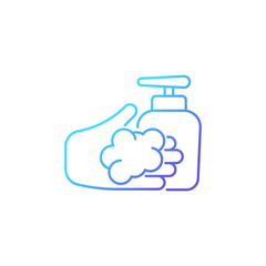 Washing with liquid soap gradient linear vector icon. Minimizing germs transfer risk. Antimicrobial skin cleanser. Thin line color symbol. Modern style pictogram. Vector isolated outline drawing