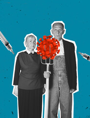 Older generation needs protection from coronavirus. Contemporary art collage. Concept of health care, covid-19, safety vaccination, medcine, support