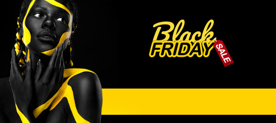 Black friday sale and shopping concept Woman with body paint. Cheerful young african girl with art...